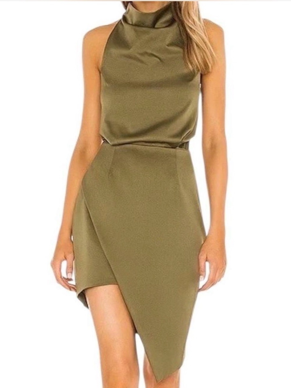 ELLIATT Olive Green Satin Halter Asymmetrical Mini Dress Size Small